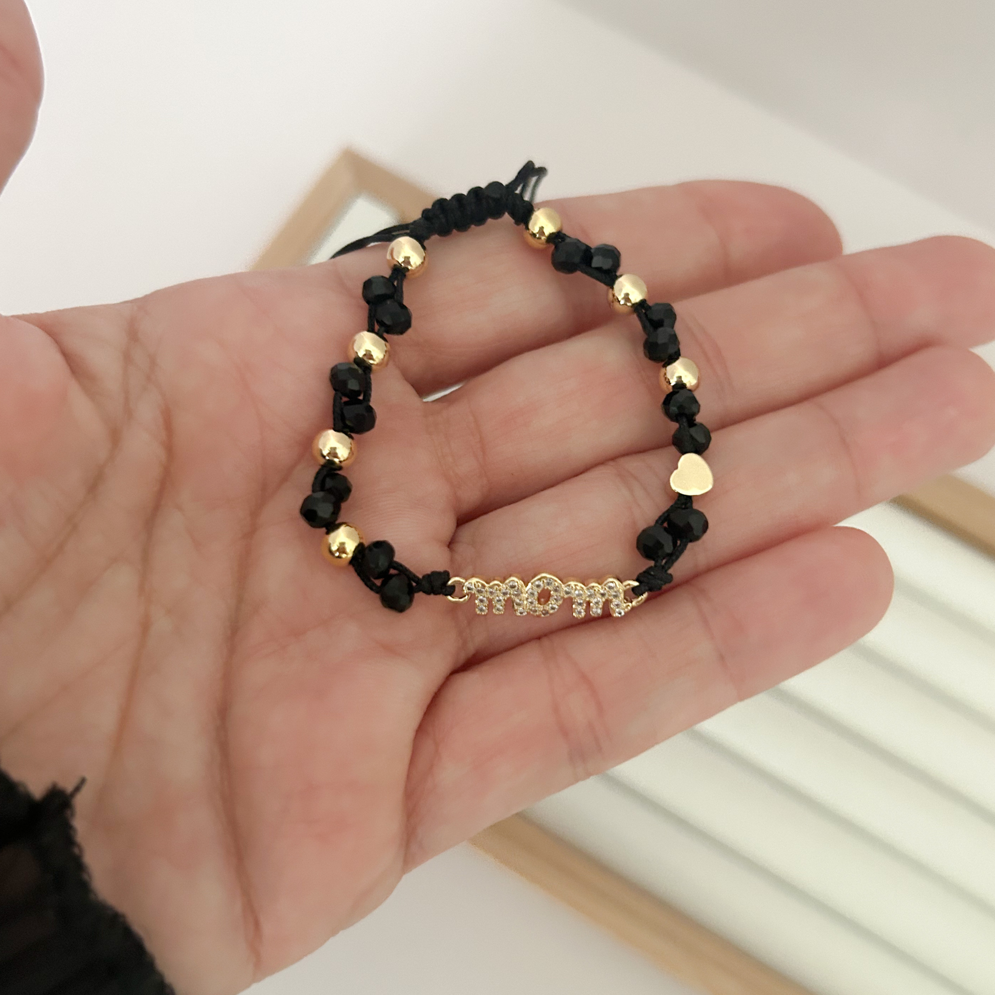 black crystal bracelet, dainty gold bracelet with black beads, elegant black and gold bracelet, waterproof bracelet women, stackable bracelet jewelry