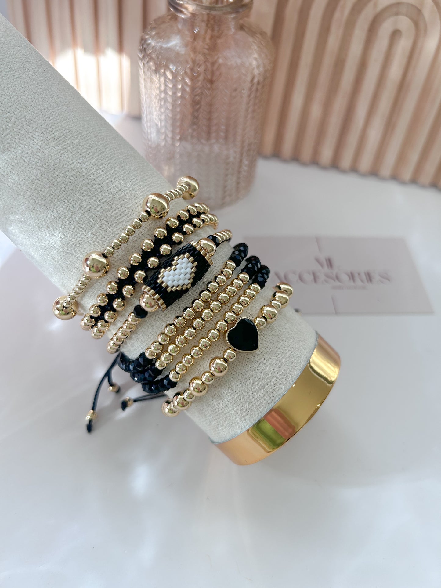 Noir Elegance Heart Bracelet Stack – Everyday Chic Jewelry for Women