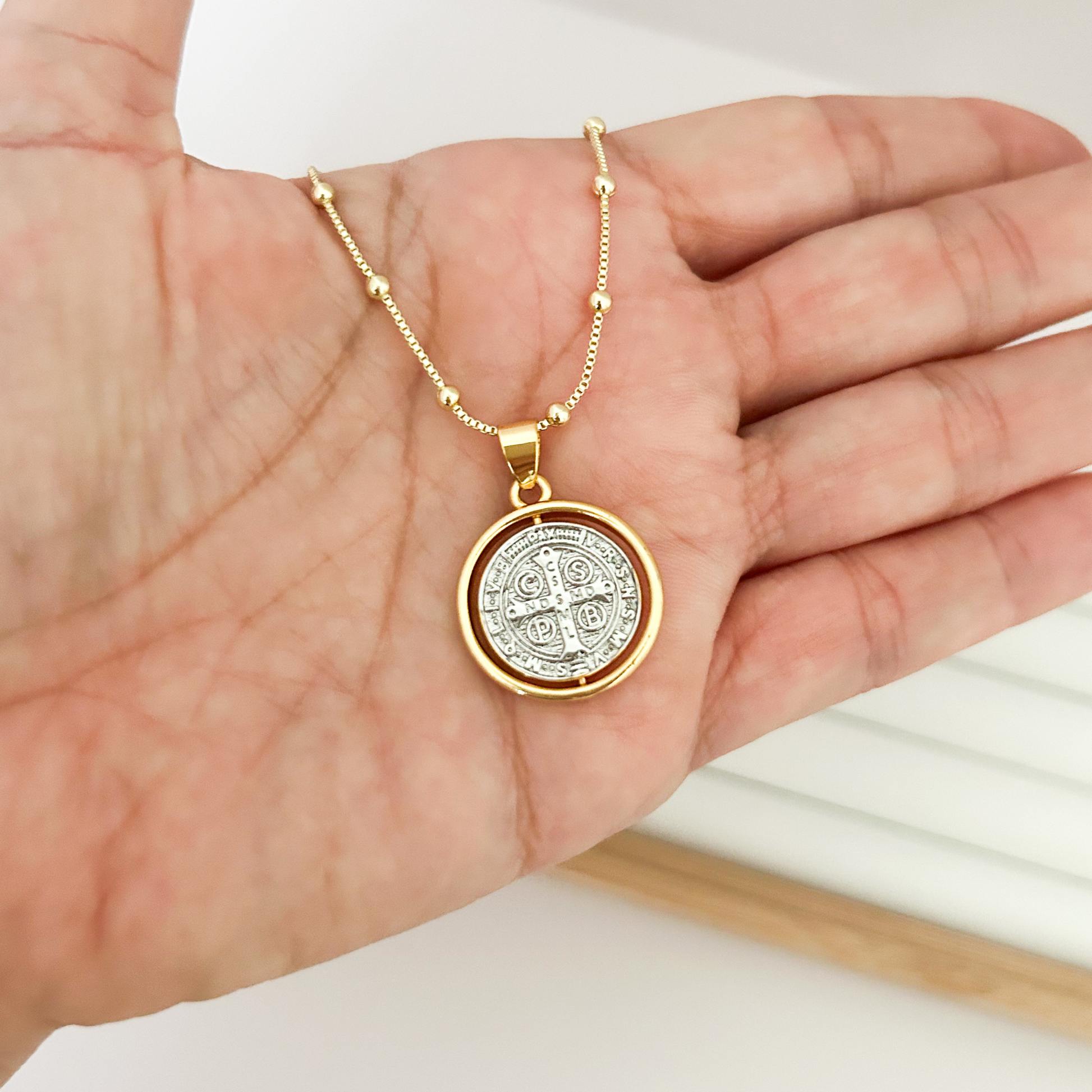 Saint Benedict necklace aesthetic, chic protection jewelry, modern layered gold necklace, meaningful spiritual necklace women, dainty religious jewelry gift