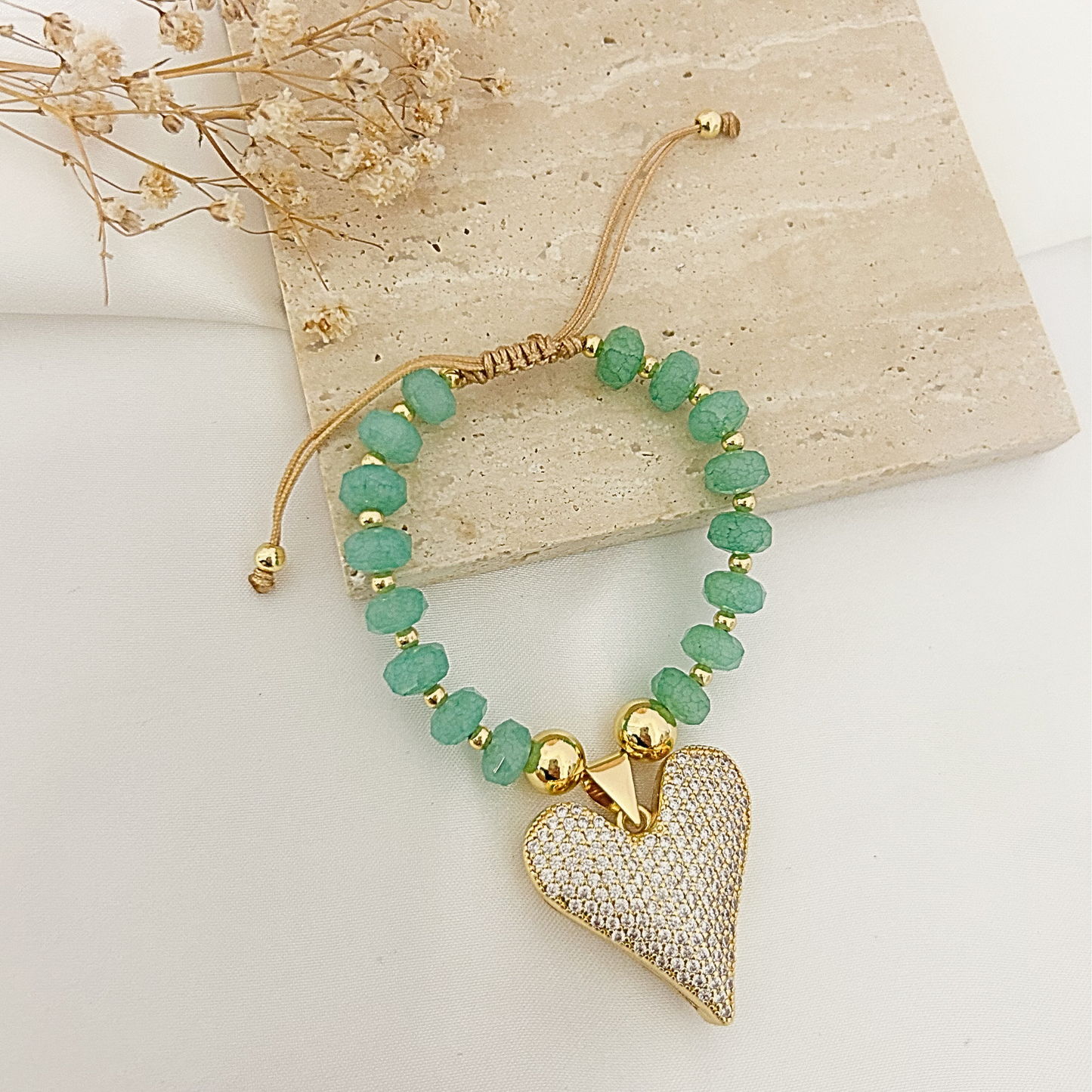 Mint beaded bracelet with oversized heart pendant