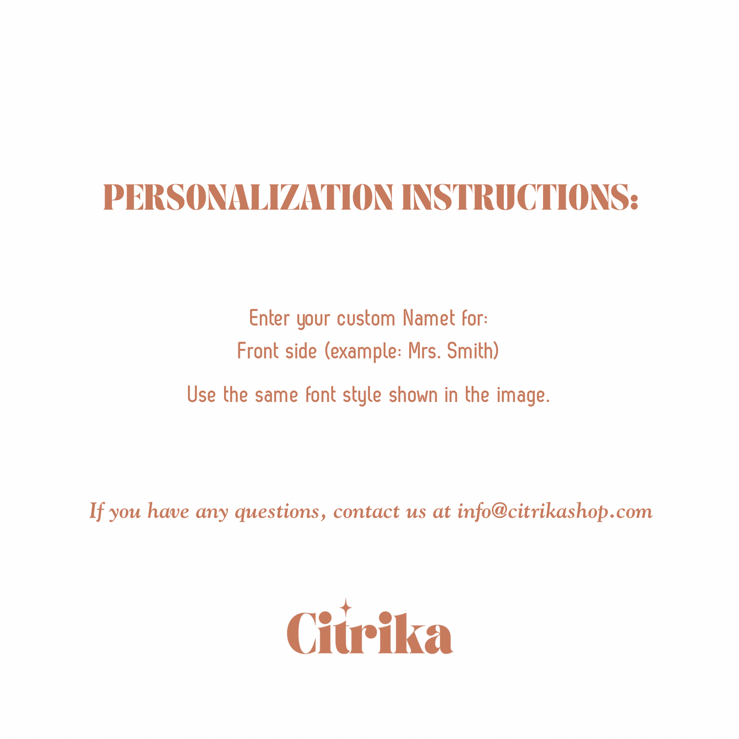 Personalization instructions for a product with Citrika branding on a white background