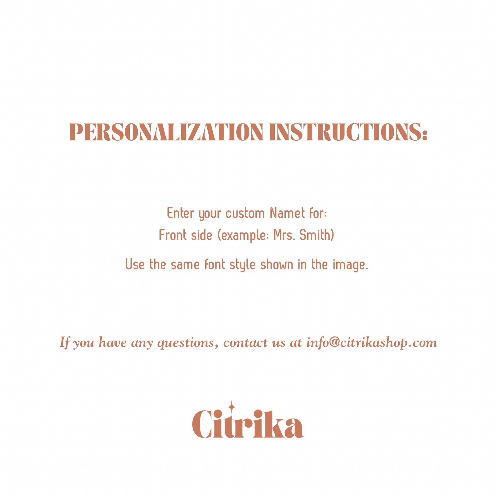 Personalization instructions for a product with Citrika branding on a white background