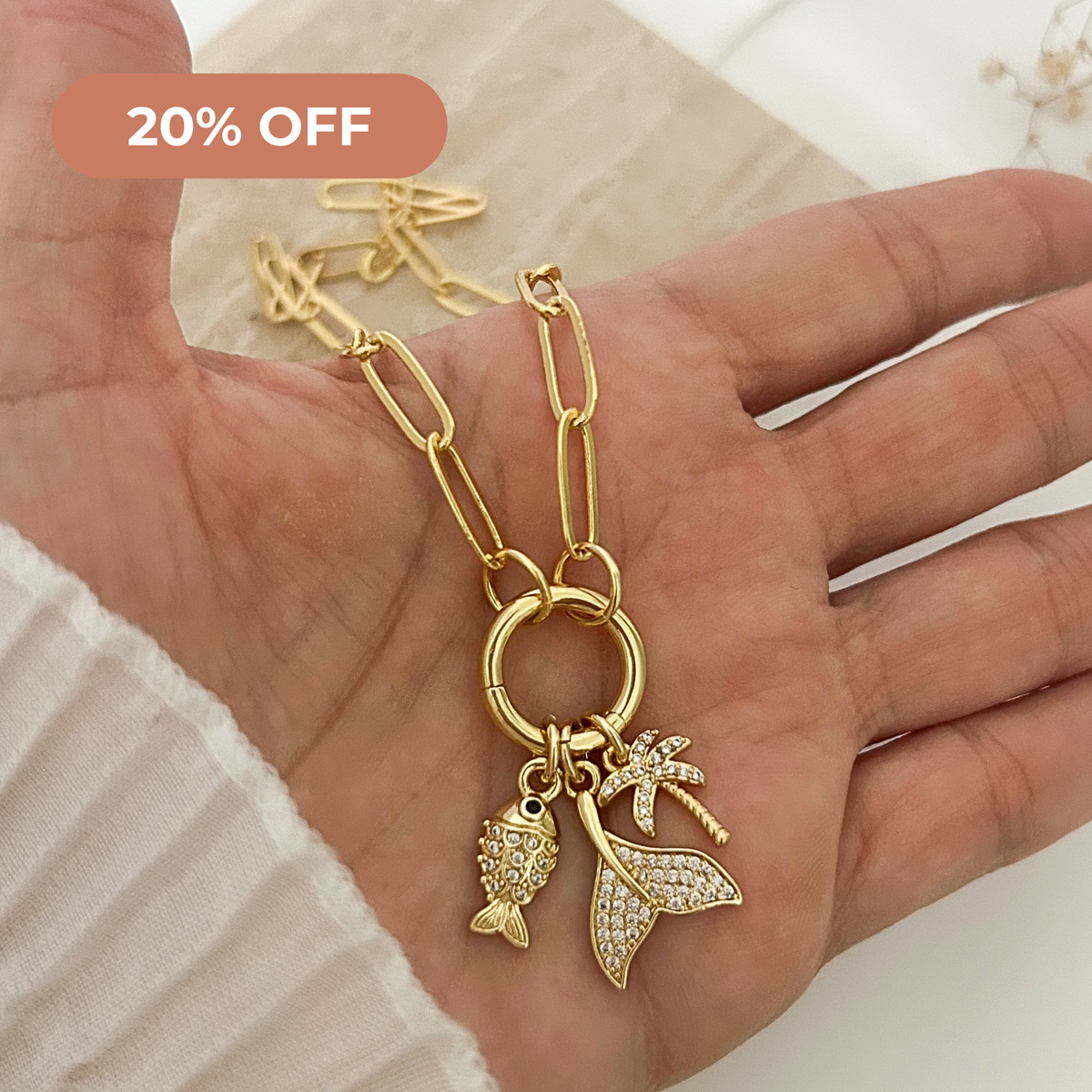 Ocean Charm Necklace for Women – Paperclip Chain Mermaid Fish Palm Tree