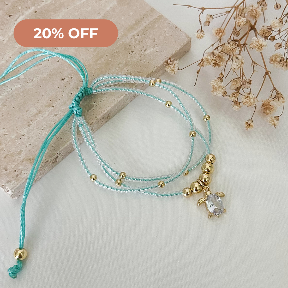 Sea Turtle Bracelet for Women – Triple Strand Iridescent Bead Cubic Zirconia