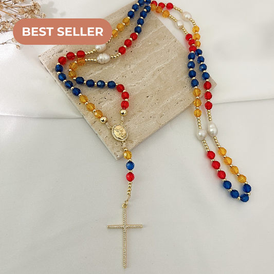Saint Michael Rosary Necklace — Venezuela Tricolor Beads